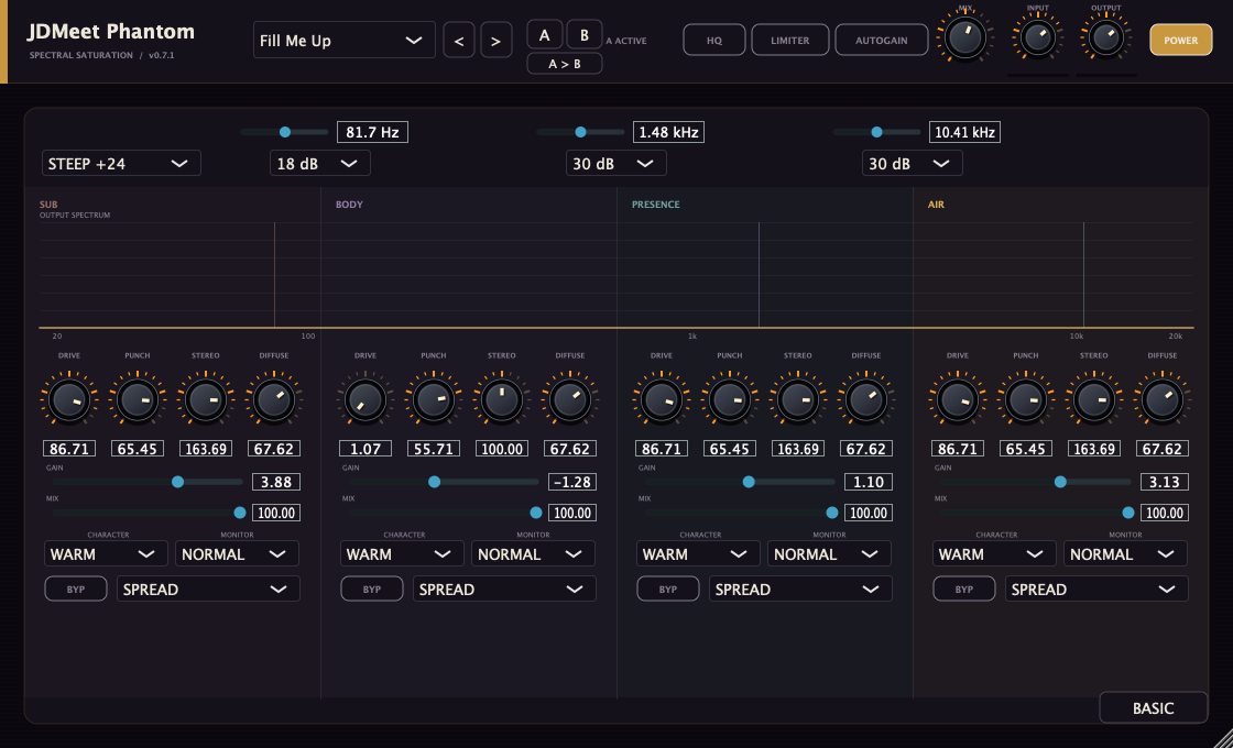 JDMeet Phantom Expert mode: four bands with separate processing controls and a spectrum display