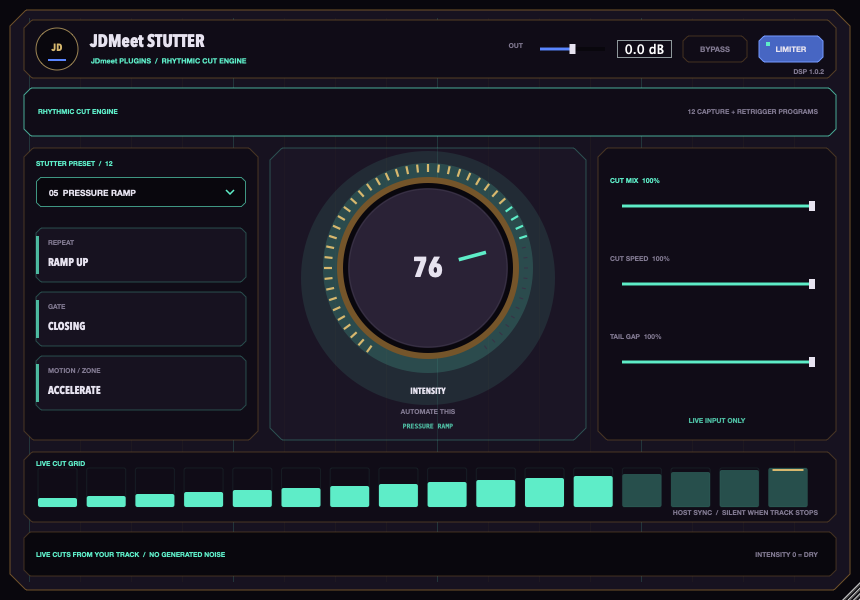 JDMeet Stutter interface with Intensity, Cut Mix, Cut Speed and Tail Gap