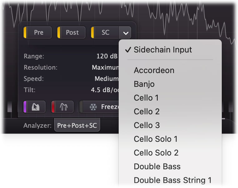 FabFilter Pro-Q 4 analyzer settings annotated for reference and translation checks